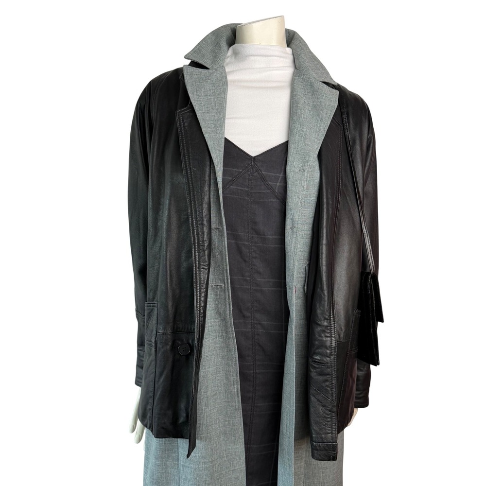 Vintage 90s Black Leather Blazer Jacket Minimalist Quiet Luxury Old Money Sz M